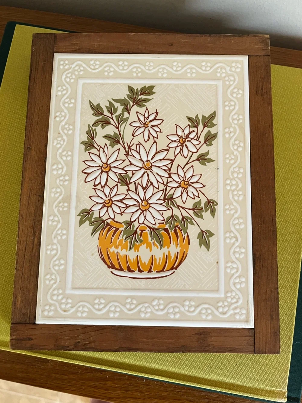 Wood Framed Floral Wall Tile - Cream and Brown Set of 2